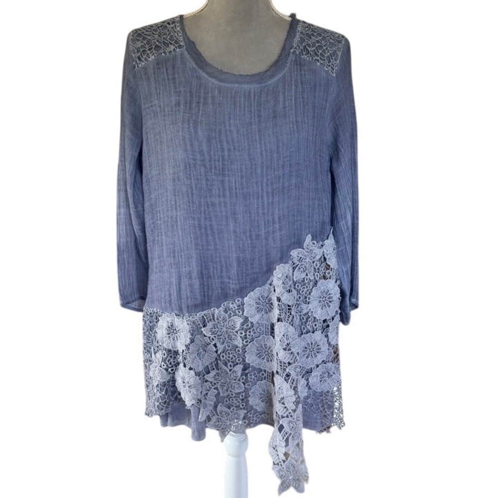Krazy Kat Tunic Women Large‎ Blue Floral Lace Asymmetrical Hem Boho Crinkle Top